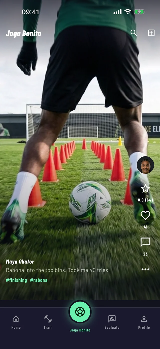 The Joga Bonito feed in Sport Skillz: a player dribbling through cones, with rating, favourite and comment buttons.